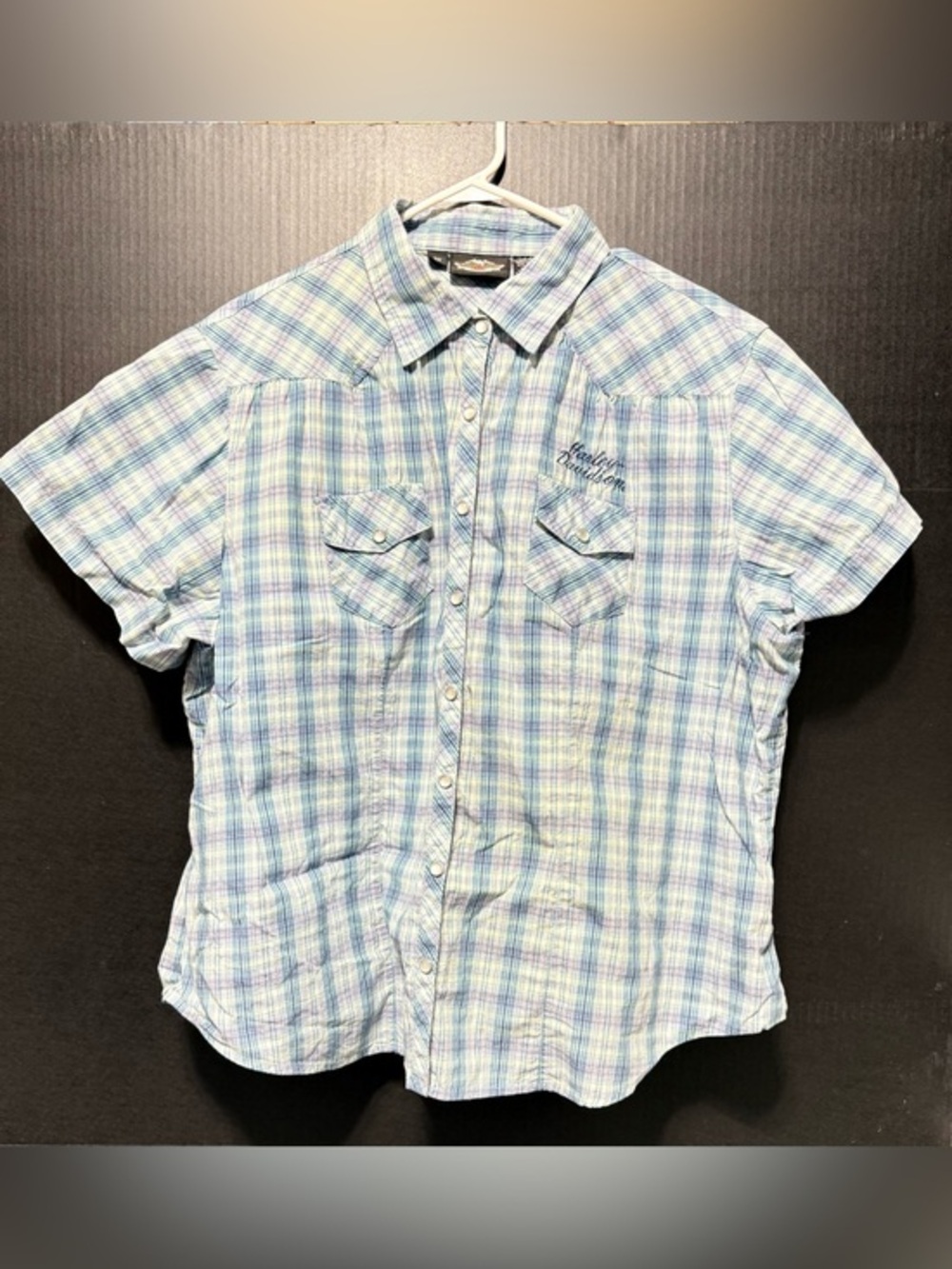 🔱Harley Davidson Vintage Plaid Western Short Sleeve Pearl Snap Top